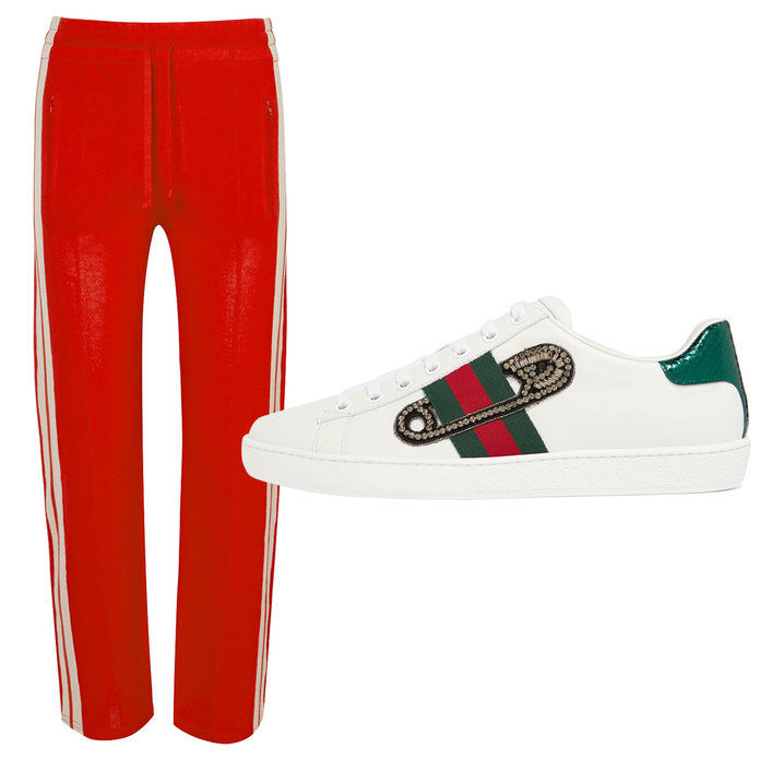 أحمر Striped Jersey pants with embellished leather sneakers 