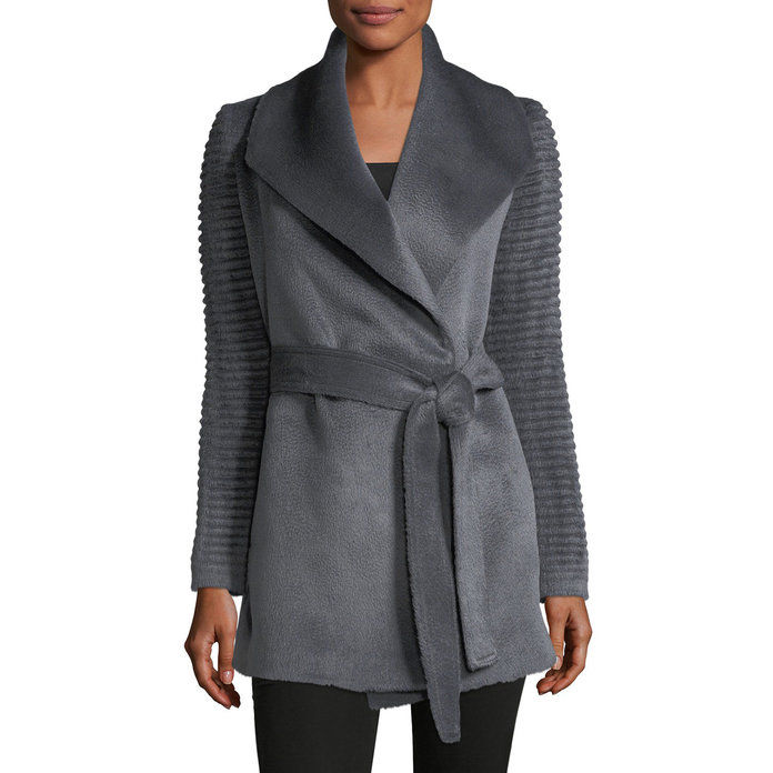 Sentaler Ribbed-Sleeves Shawl-Collar Wrap Alpaca Coat