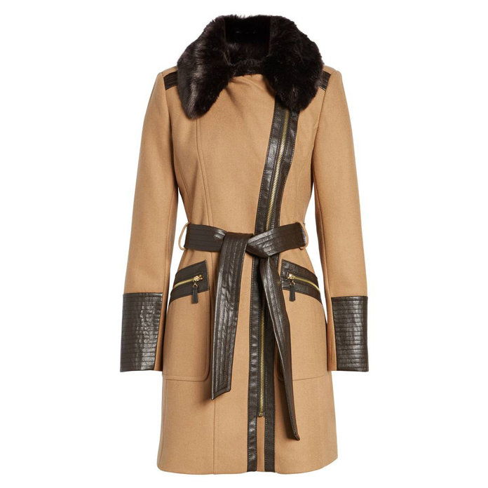 فو Leather & Faux Fur Trim Belted Wool Blend Coat 