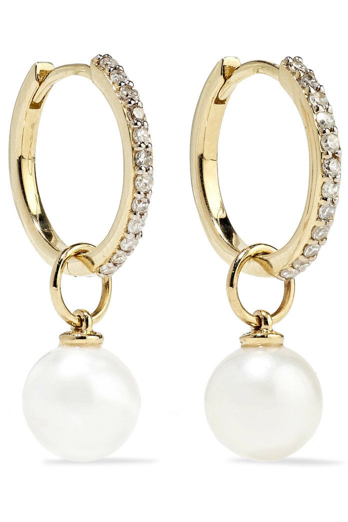 14-карат gold, diamond and pearl hoop earrings